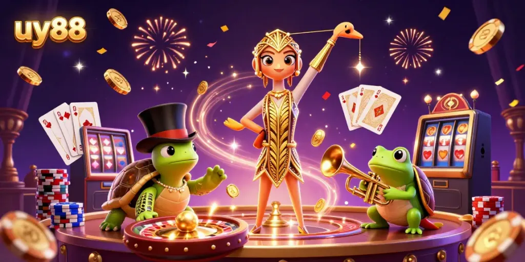 Engage with uy88's vibrant casino world, featuring a flapper crane, turtle, and jazz frog.