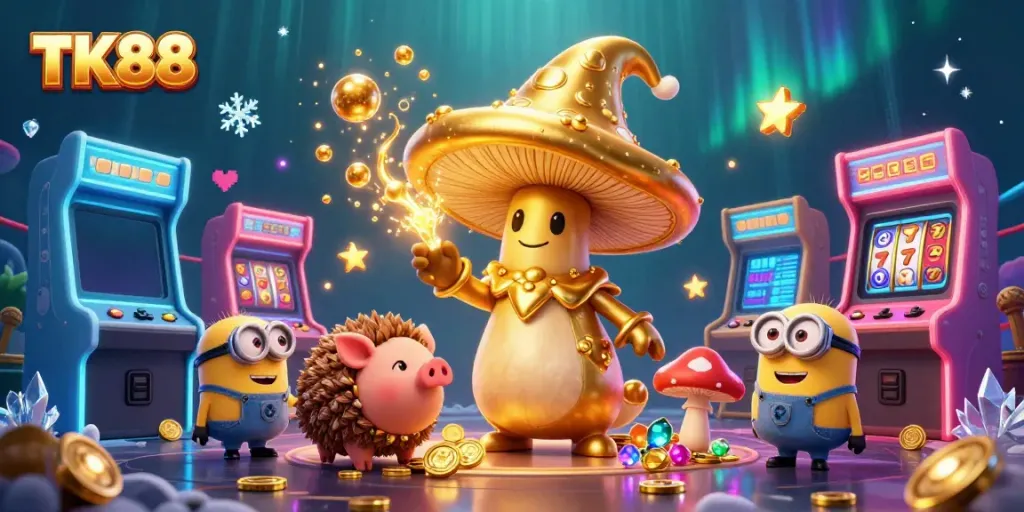 Experience the playful magic of TK88 casino with a golden mushroom wizard casting winning spells among vibrant gaming elements.