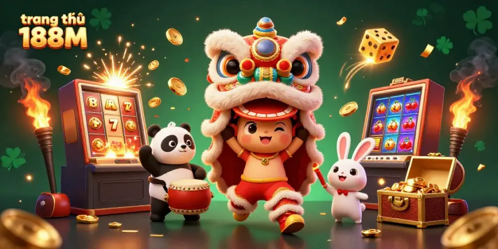 Experience the vibrant energy of trang chủ 188M with stunning 3D illustration featuring joyful characters and exciting casino elements.