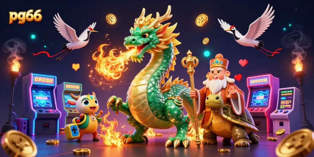 Engaging pg66 casino illustration showcasing a jade dragon, turtle sage, and lucky cranes among vibrant gaming elements.