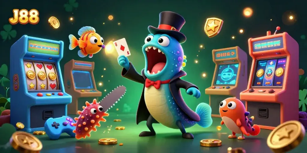 Engage in thrilling gameplay at J88 with vibrant slot machines and colorful characters for an exciting experience