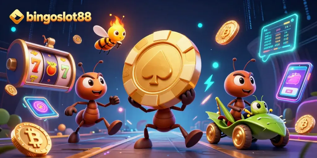 Menangkan permainan di bingoslot88 dengan slot gulung berkilauan dan simbol buah.