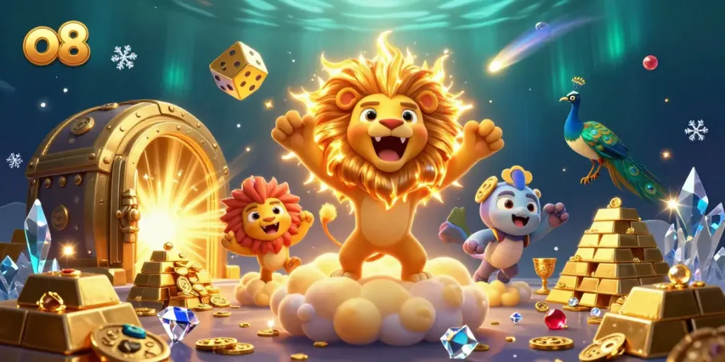 Win big at o8 with this vibrant 3D illustration showcasing a roaring lion, golden dice, and treasure.