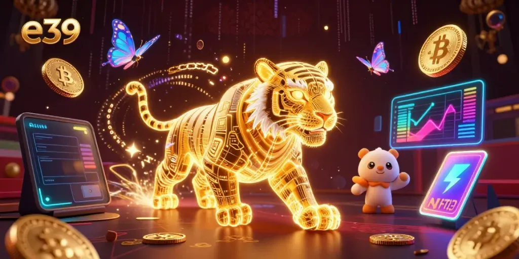 Experience the vibrant e39 casino world with a neon tiger and crypto elements