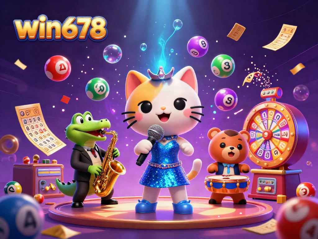Win678 characters entertain on stage with vibrant casino-themed elements, enhancing gambling excitement.