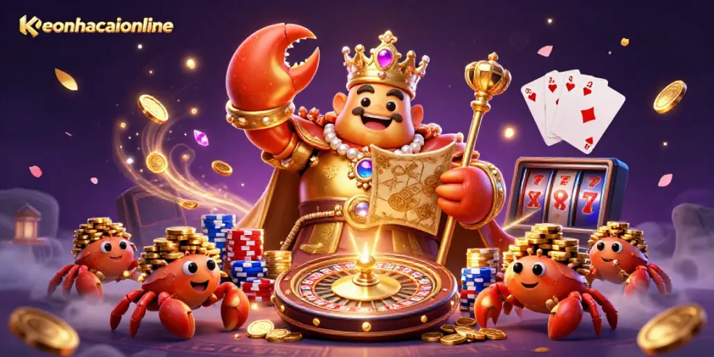 Join the excitement of keonhacaionline with the golden crab emperor amidst a vibrant casino scene.