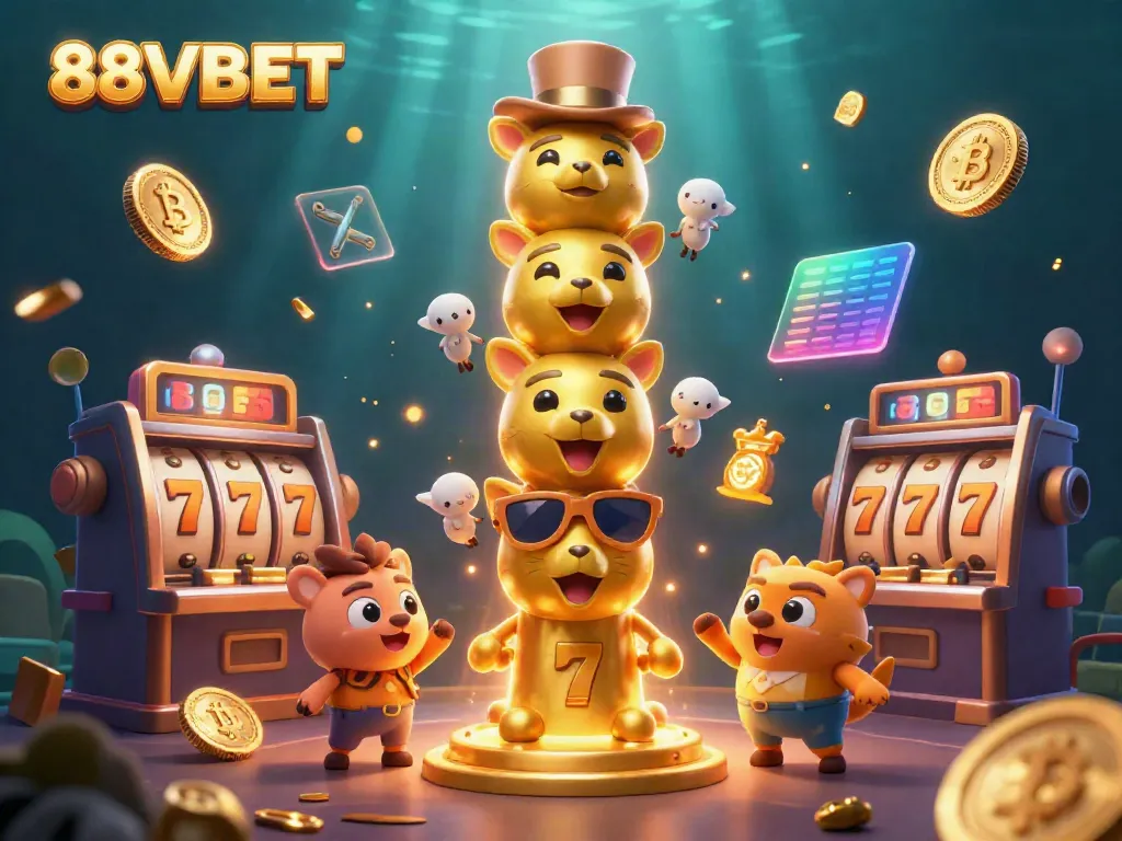 Experience the thrill of 88VBET with vibrant slot machines and glowing cryptocurrency elements in a captivating 3D scene.