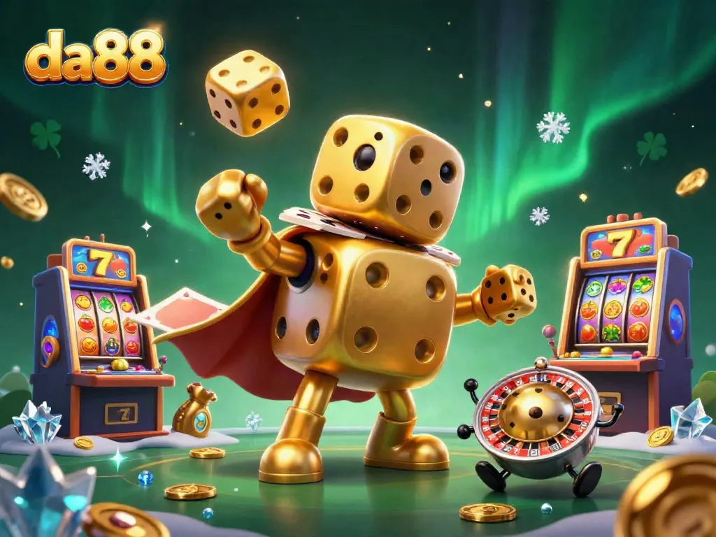 Experience thrilling slot play with da88's lively 3D illustration featuring golden dice and dynamic game elements.