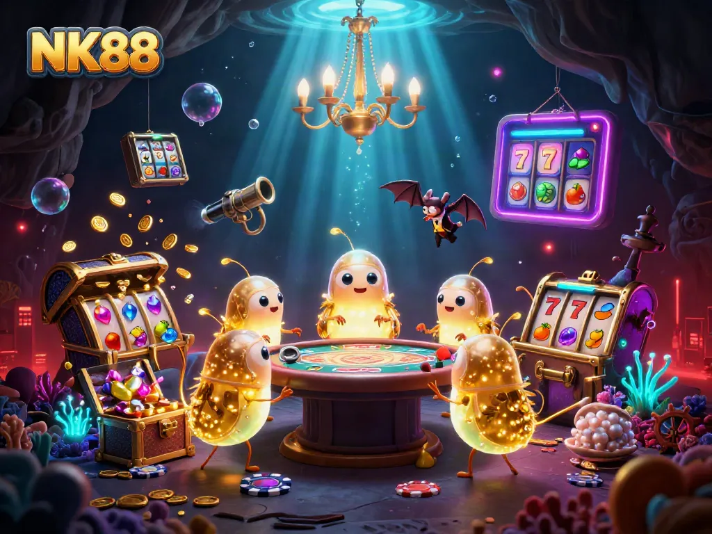 Gamblers experience the vibrant world of NK88 with illuminating glowworms in a unique casino scene.