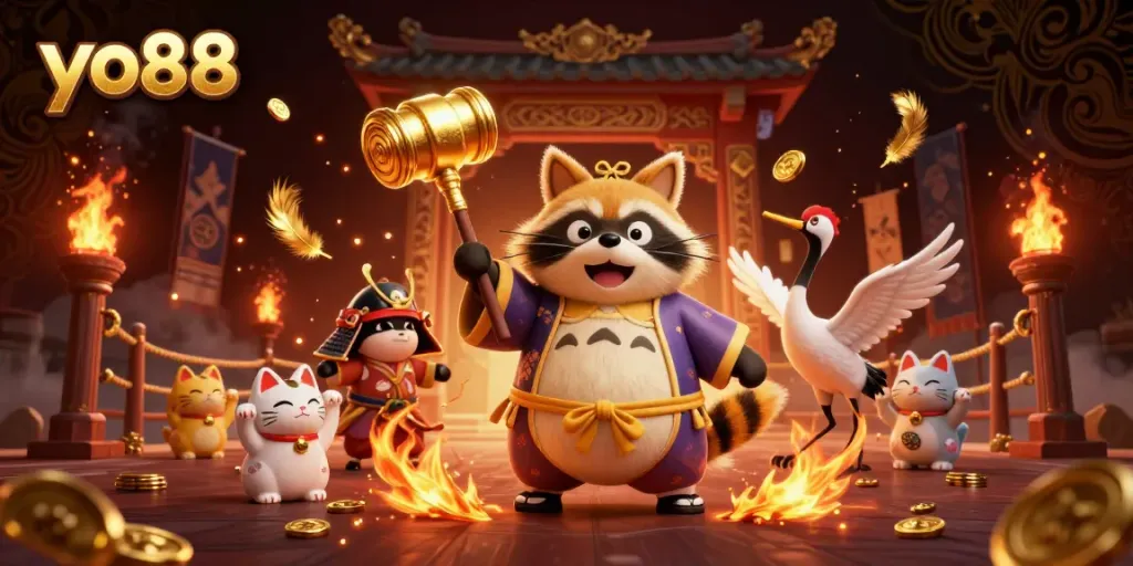 Experience thrilling wins with yo88 in a vibrant casino scene, featuring lucky tanuki and festive elements.