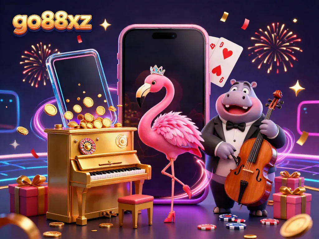 Experience the excitement of go88xz with a vibrant casino scene featuring lively characters and games.