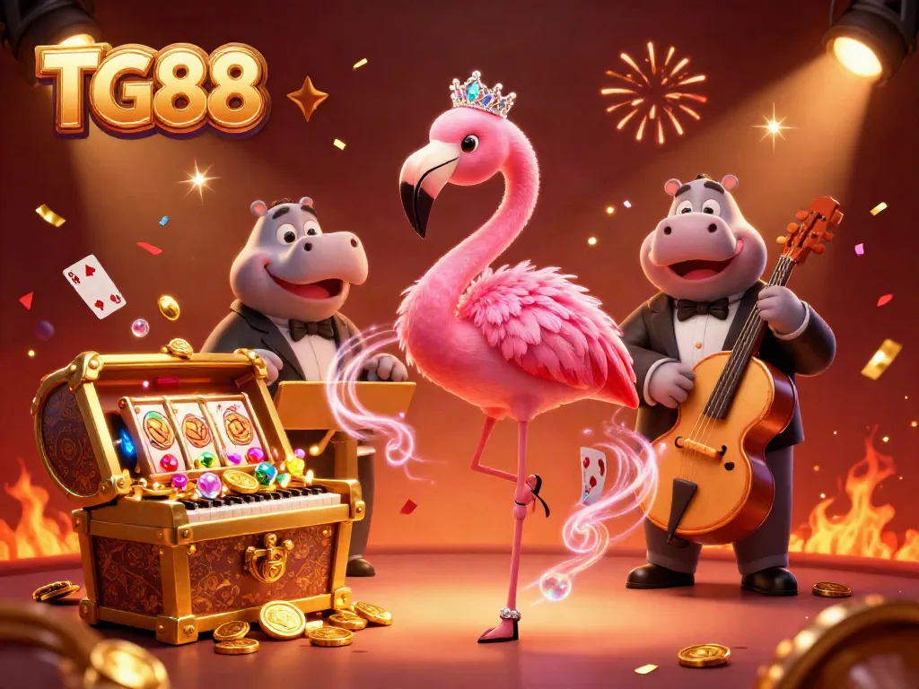 Experience the vibrant entertainment at TG88, featuring playful characters and thrilling casino elements.