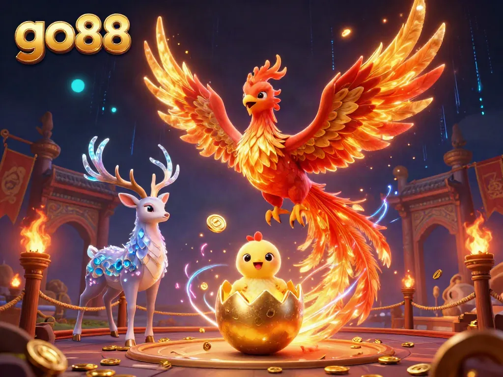 Engage with go88's vibrant scene of a phoenix, symbols of fortune, and immersive casino elements.