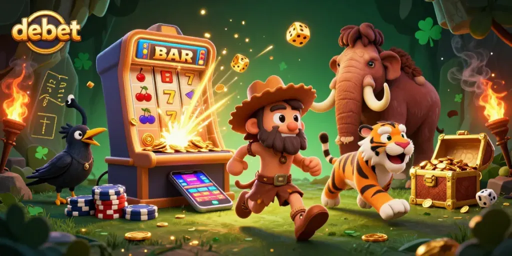 Experience debet excitement in a prehistoric casino with a caveman, tiger, and crow amidst bright slot machine action.