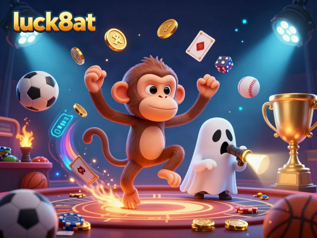 Experience luck8at as a mischievous monkey juggles golden casino elements in an enchanting haunted casino.