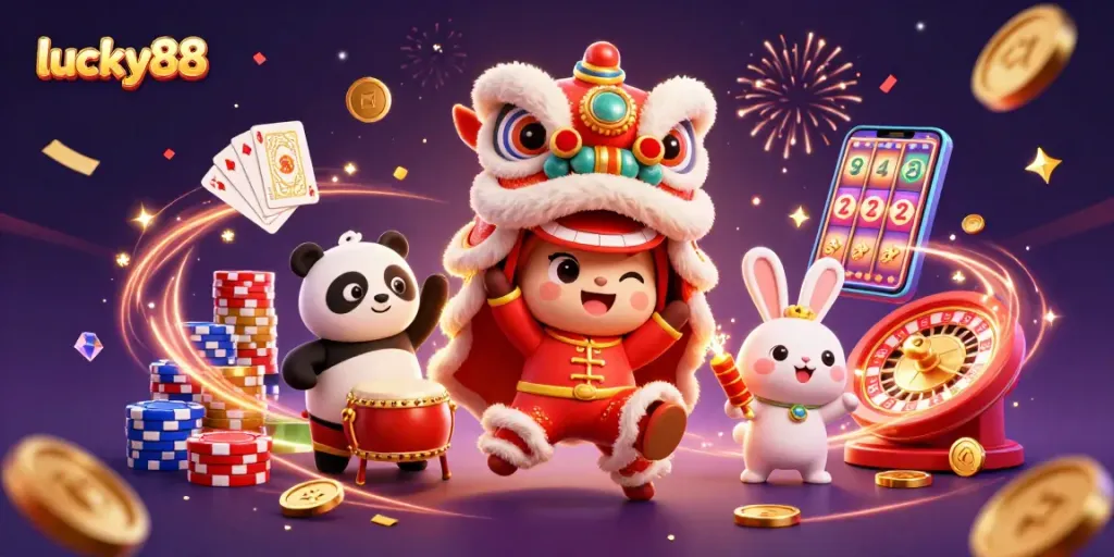 Experience thrilling games at lucky88 with festive characters celebrating winning moments.