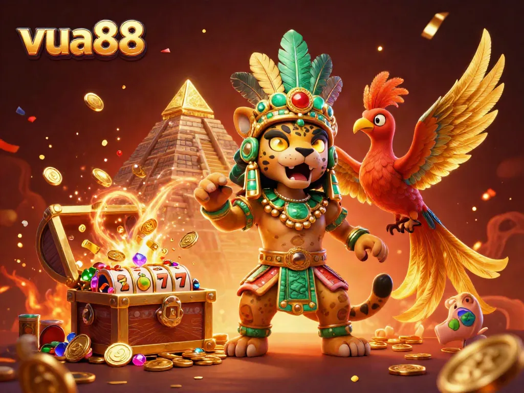 Experience the excitement of vua88 with a vibrant 3D casino scene depicting slot machines and animated Mayan characters.