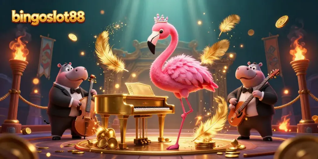 Menghadirkan bingoslot88, karakter flamingo penyanyi kasino 3D dengan latar belakang yang menawan.