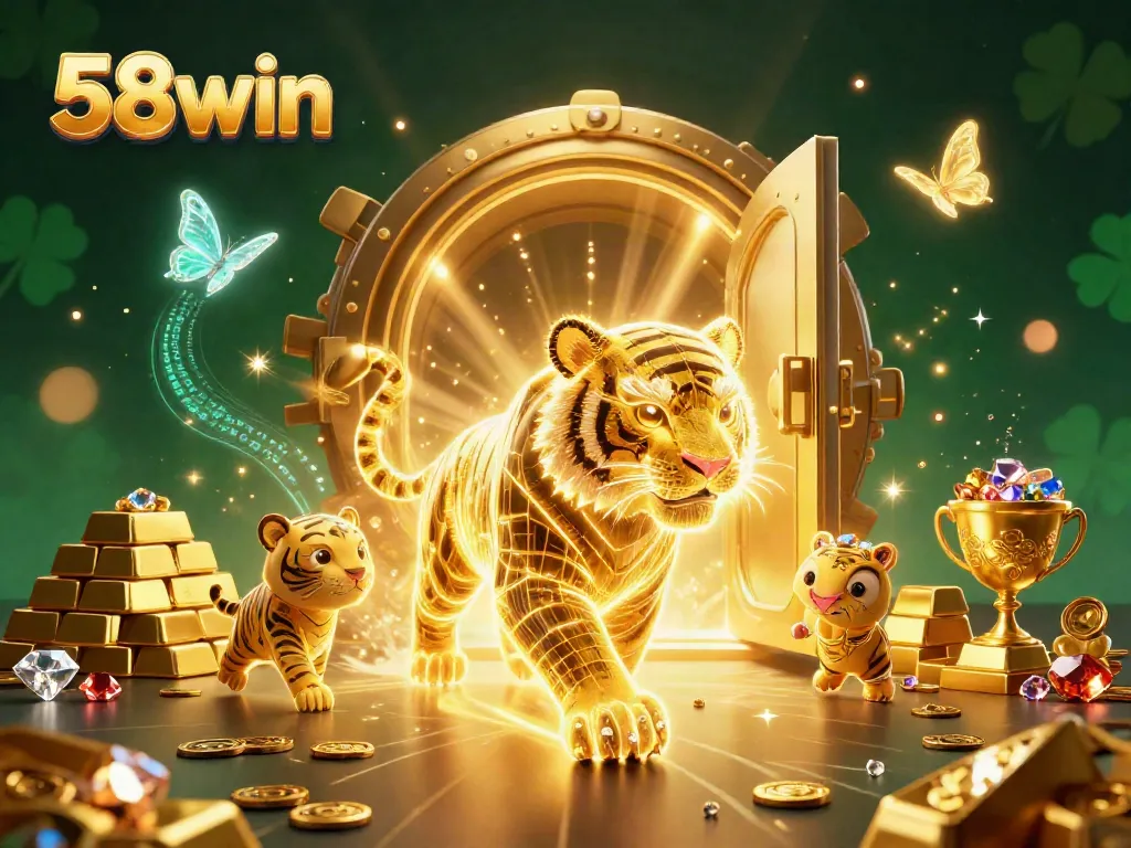Experience exhilarating gains at 58win with an illustration showing a dynamic casino scene featuring a neon tiger and treasure.