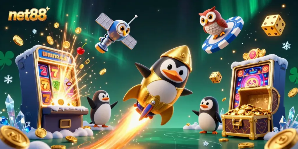 Experience fun at net88's cosmic casino with vibrant characters, games, and golden treasures.