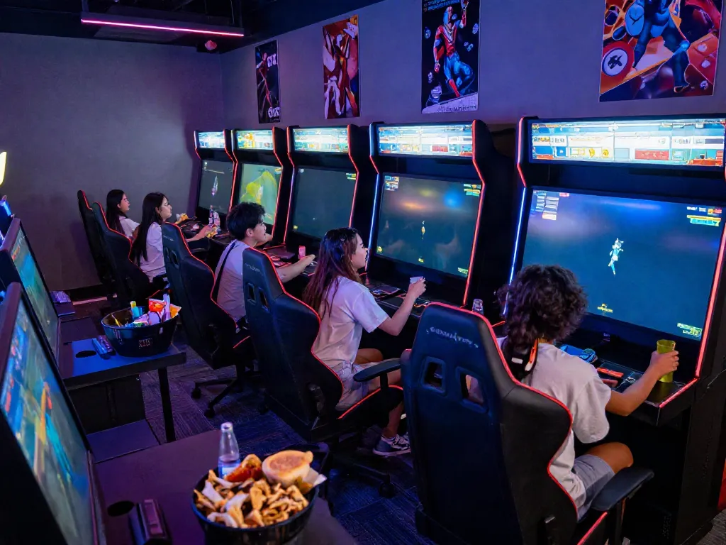 Group of friends enjoying multiplayer games at kilat 404 gaming lounge