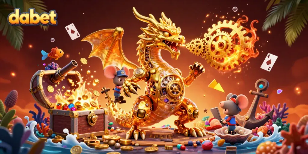 Dabet players enjoy a vibrant 3D illustration with a golden dragon amidst exciting casino elements.