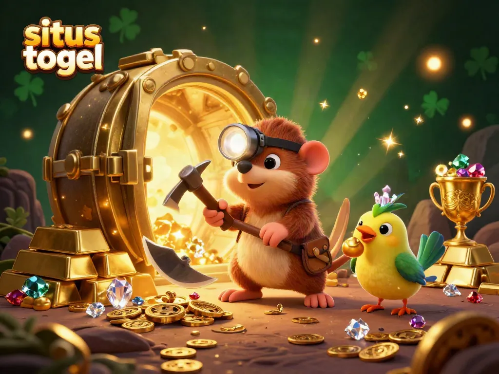 Menangkan hadiah besar di situs togel dengan ilustrasi karakter pemandu dan harta karun berkilauan.