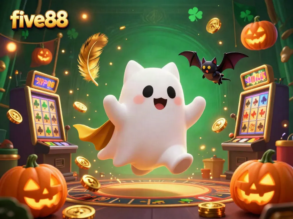 Enjoy an immersive five88 experience with a ghost cat and a vampire bat in a vibrant casino setting.