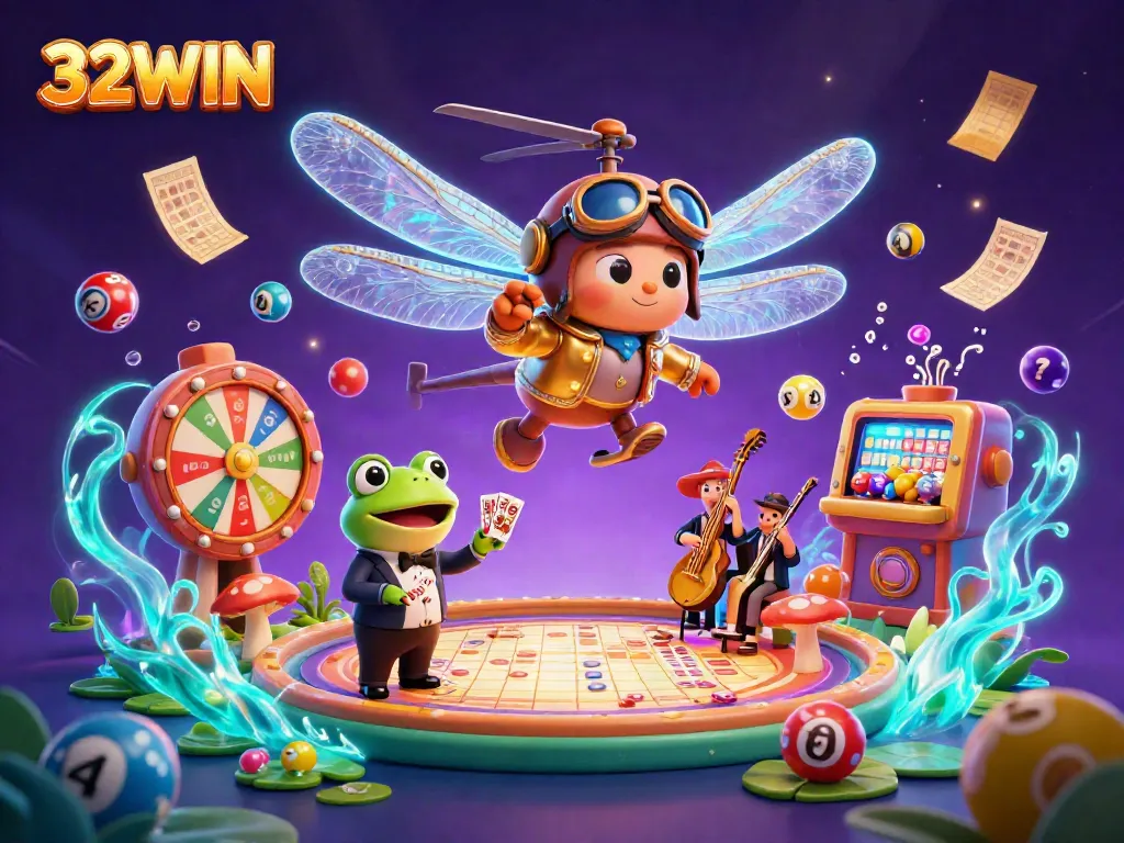 Experience dynamic gaming action with 32WIN featuring colorful lottery elements and engaging characters.