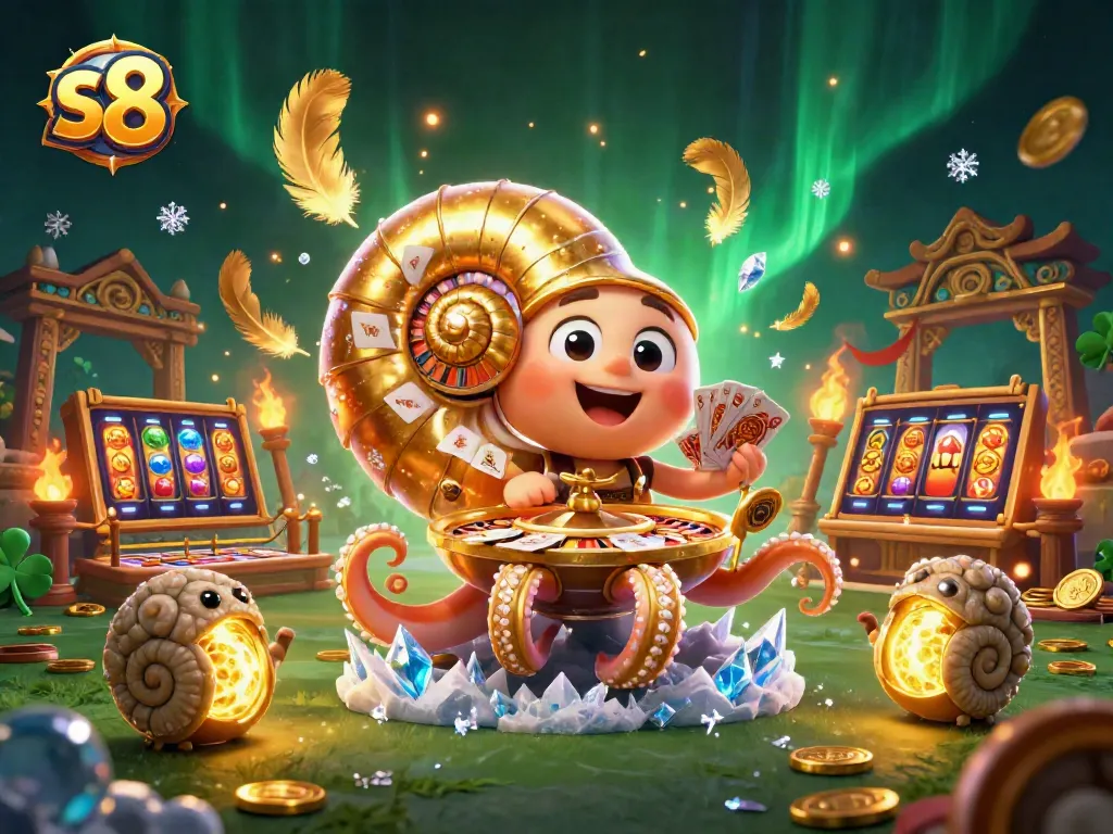 S8 casino scene with a nautilus roulette wheel and glowing ammonite companions surrounded by gold coins and slot elements.