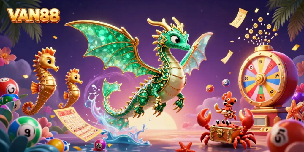 The vibrant scene of VAN88 featuring a sea dragon and crabs surrounded by lottery elements, showcasing excitement in online gaming.