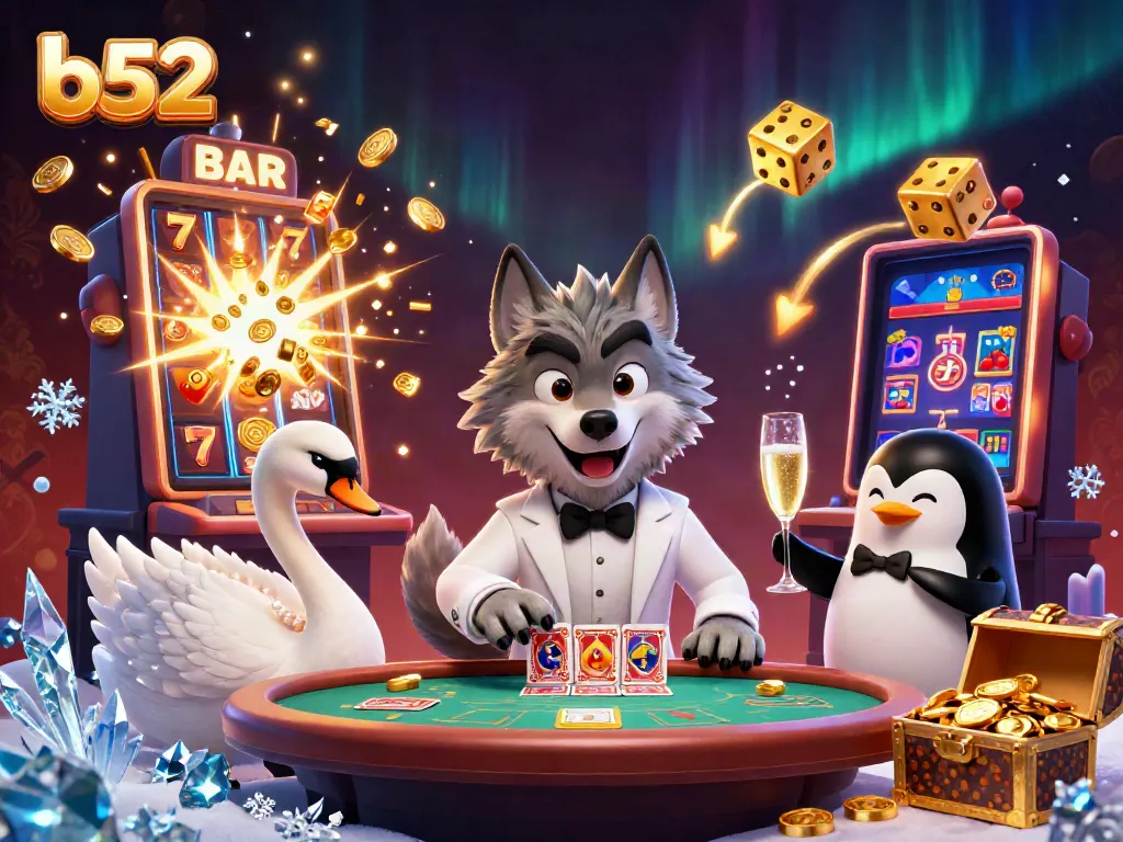 Experience exciting gaming at b52 with a debonair wolf at a baccarat table alongside a swan dealer and penguin sommelier.