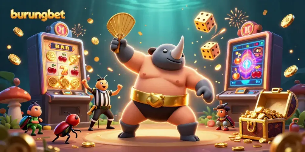 Experience the thrilling excitement of burungbet with a cinematic 3D scene of a sumo beetle champion amidst slot symbols and golden coins.