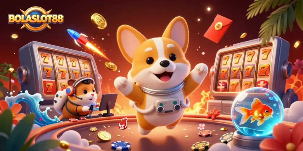 BOLASLOT88 showcases a dynamic space casino scene featuring a cartoon astronaut corgi with floating slot elements.
