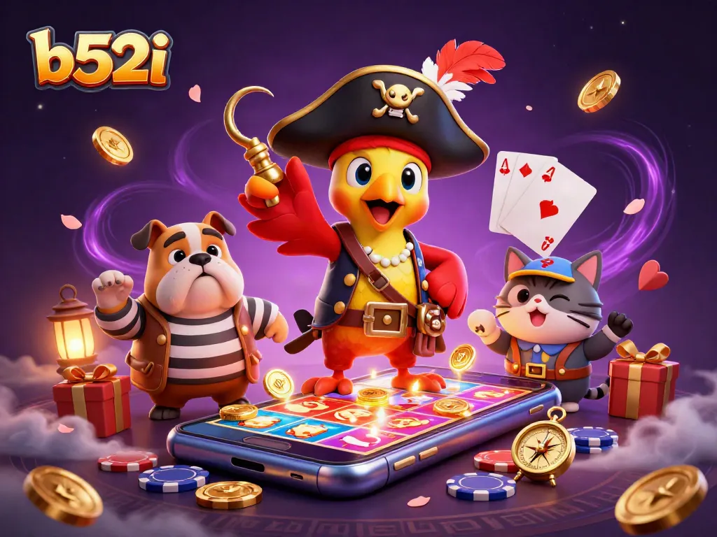 Engage with b52i's vibrant casino scene featuring a pirate captain and a dog amid flying poker chips.