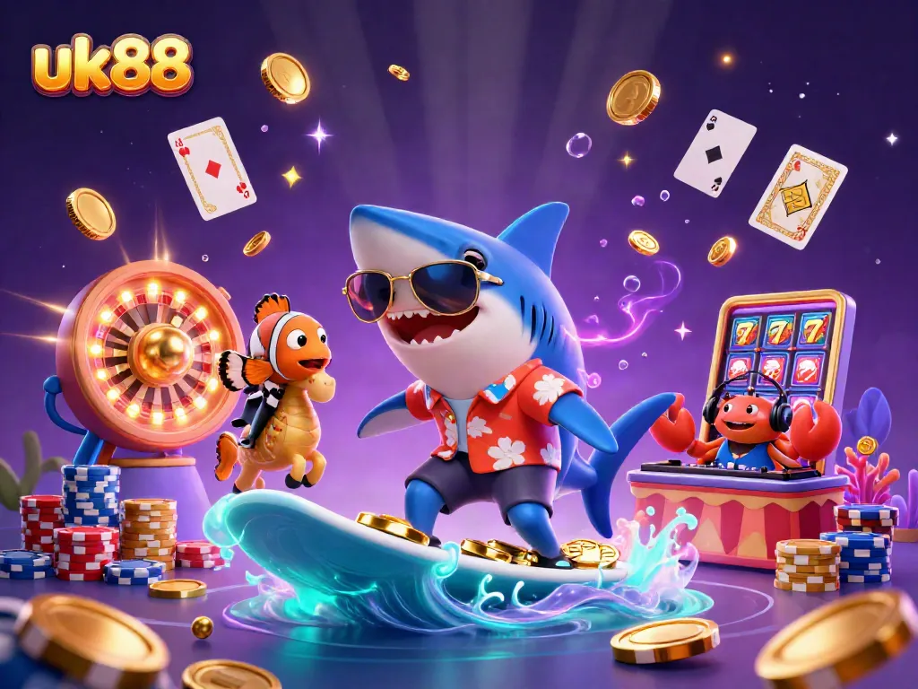 uk88 players enjoy vibrant casino gaming with a shark, clownfish, and crab DJ amidst swirling coins.