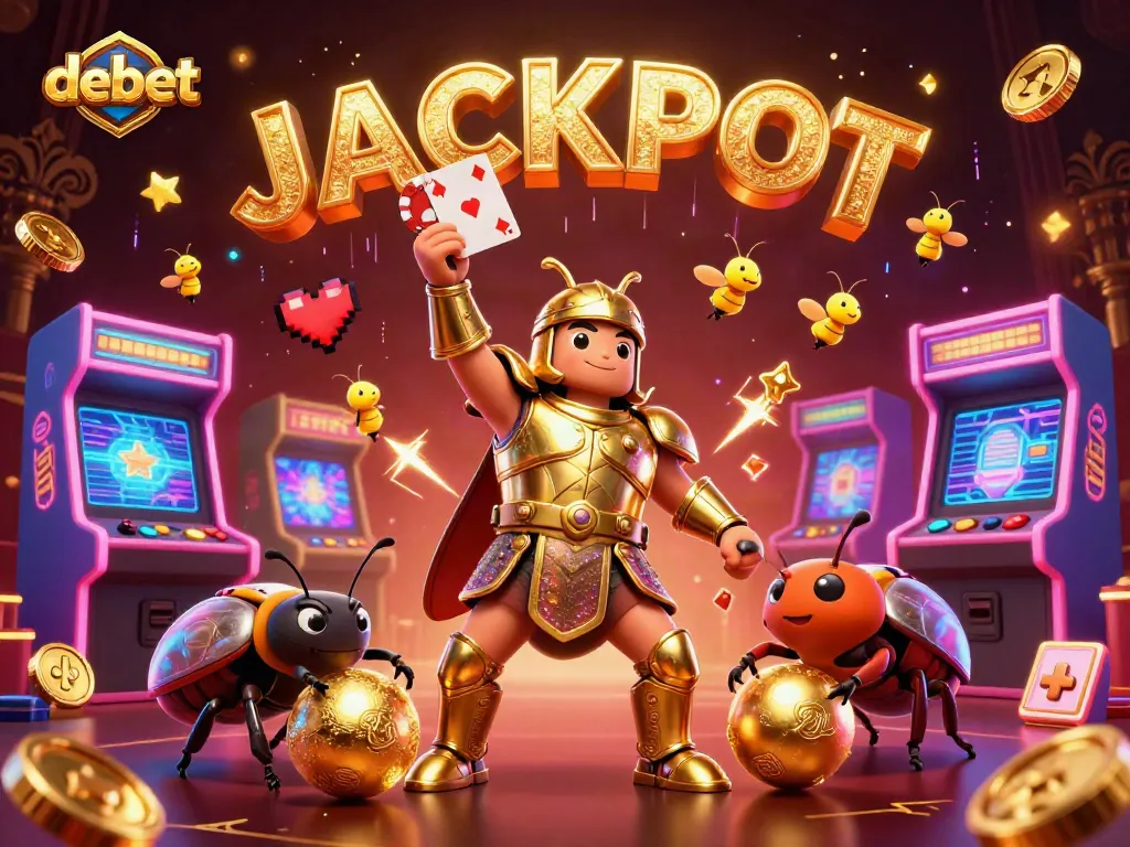 Experience the debet casino adventure with a victorious beetle and dynamic gaming elements.
