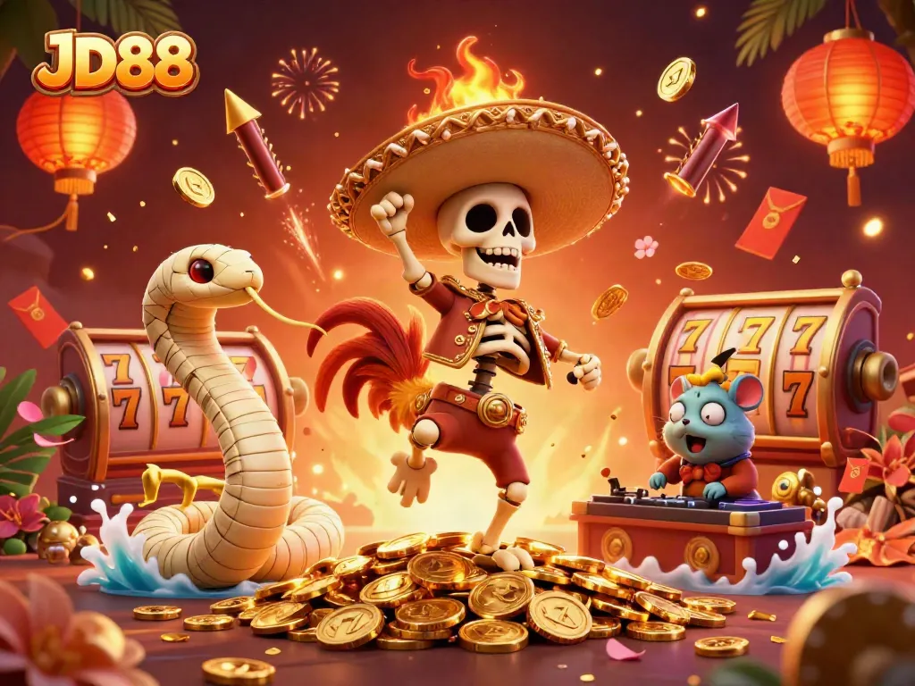 Experience thrilling gaming action with JD88’s vibrant 3D illustration of unique characters surrounded by dazzling casino elements.