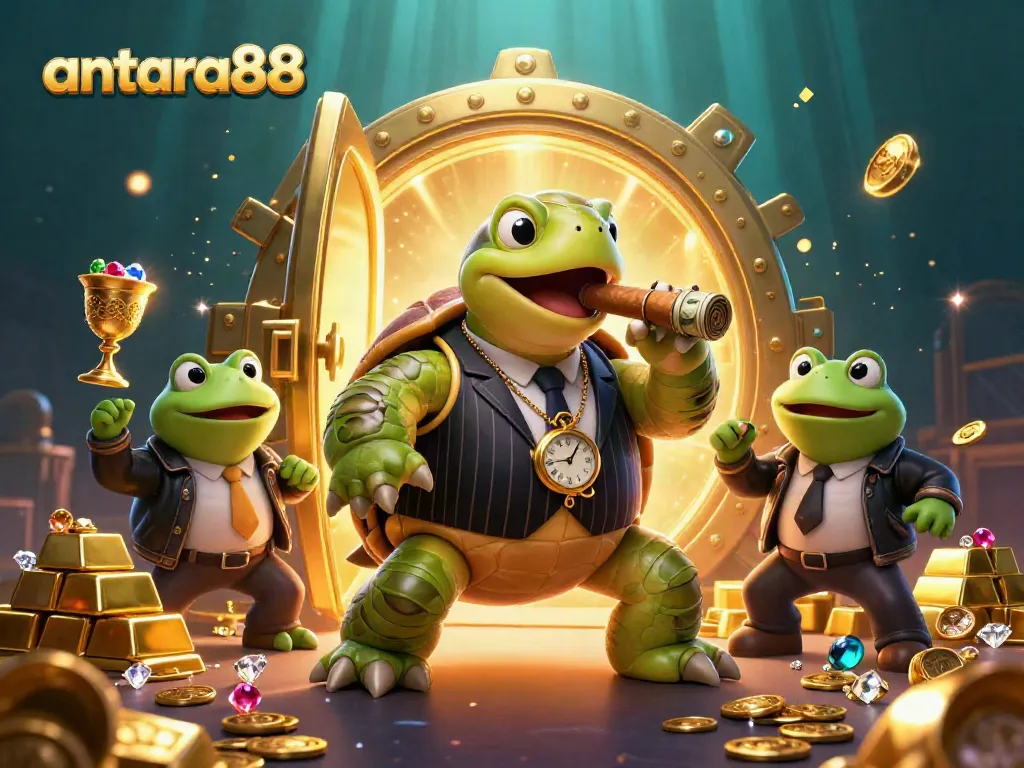 Experience excitement at antara88 as a cartoon snapping turtle gambler encounters treasure and luck.