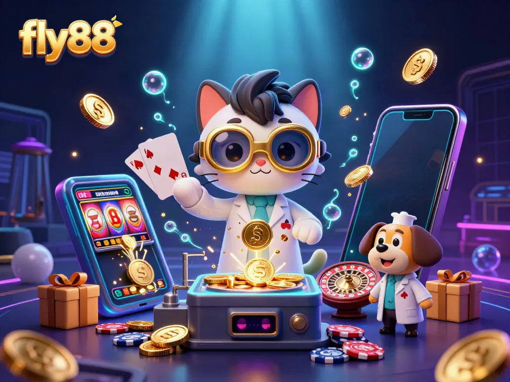 Experience thrilling slots and games with fly88 in this vibrant 3D casino scene.