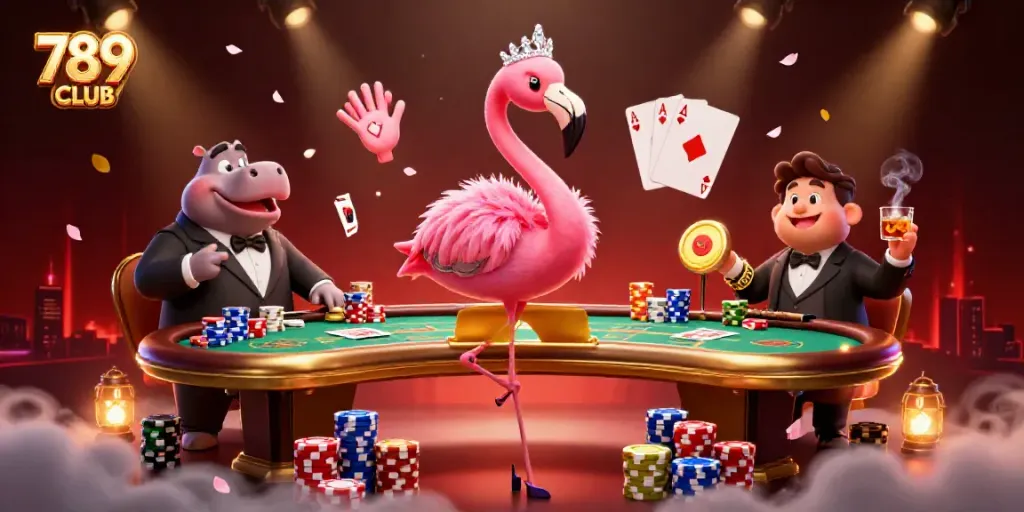 Immerse in the vibrant 789CLUB scene with a cartoon flamingo and hippo, surrounded by poker chips and cards.