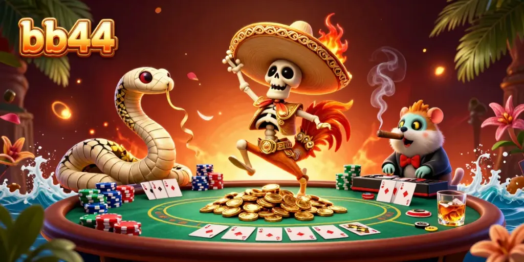 Experience high-stakes action with bb44 as a skeleton mariachi celebrates a poker victory!