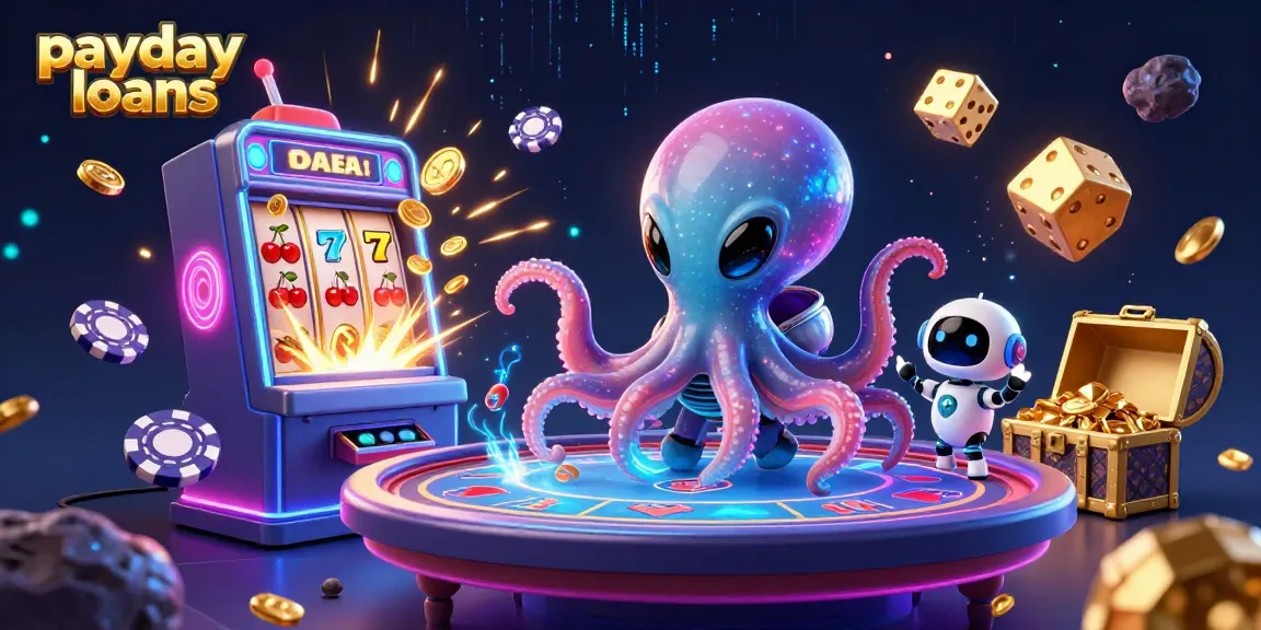 Engage with payday loans in this dynamic 3D casino scene featuring an alien octopus and robot.