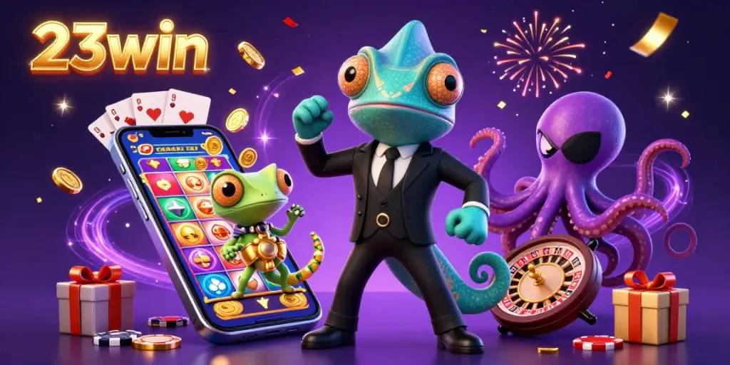 Experience thrilling gaming adventures with 23win's vibrant 3D casino illustration featuring iconic characters.