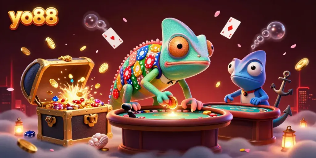 Experience the vibrant world of yo88, featuring a colorful chameleon casino owner amidst treasure and playing cards.