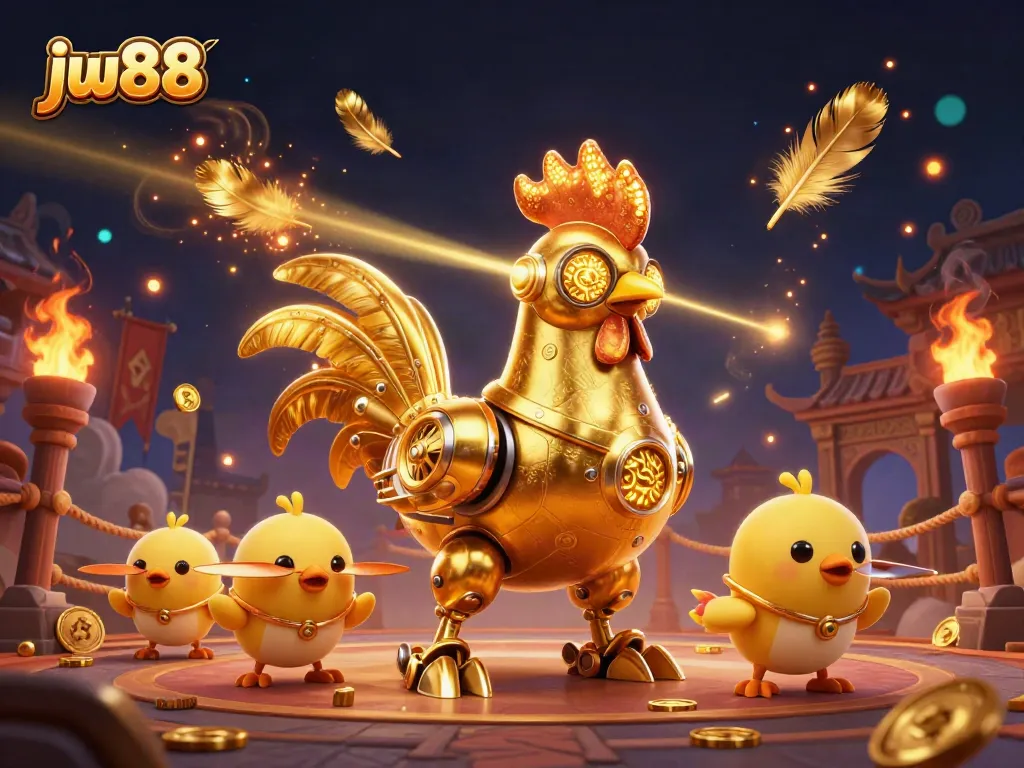 Experience thrilling gameplay with jw88, featuring a golden rooster robot in a vibrant casino scene.