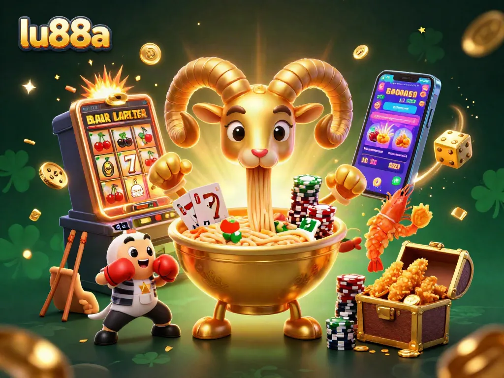 Engage with LU88A's vibrant gaming scene featuring a golden ramen bowl dealer and jackpot thrills.