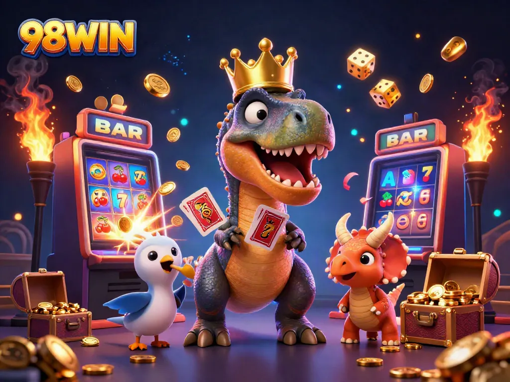 Engage in thrilling gameplay with 98WIN's fun casino scene featuring playful characters and vibrant game symbols.