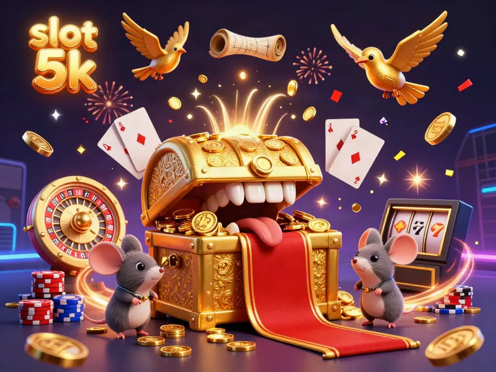 Experience the excitement of slot 5k with this vibrant 3D illustration featuring casino elements and treasure.