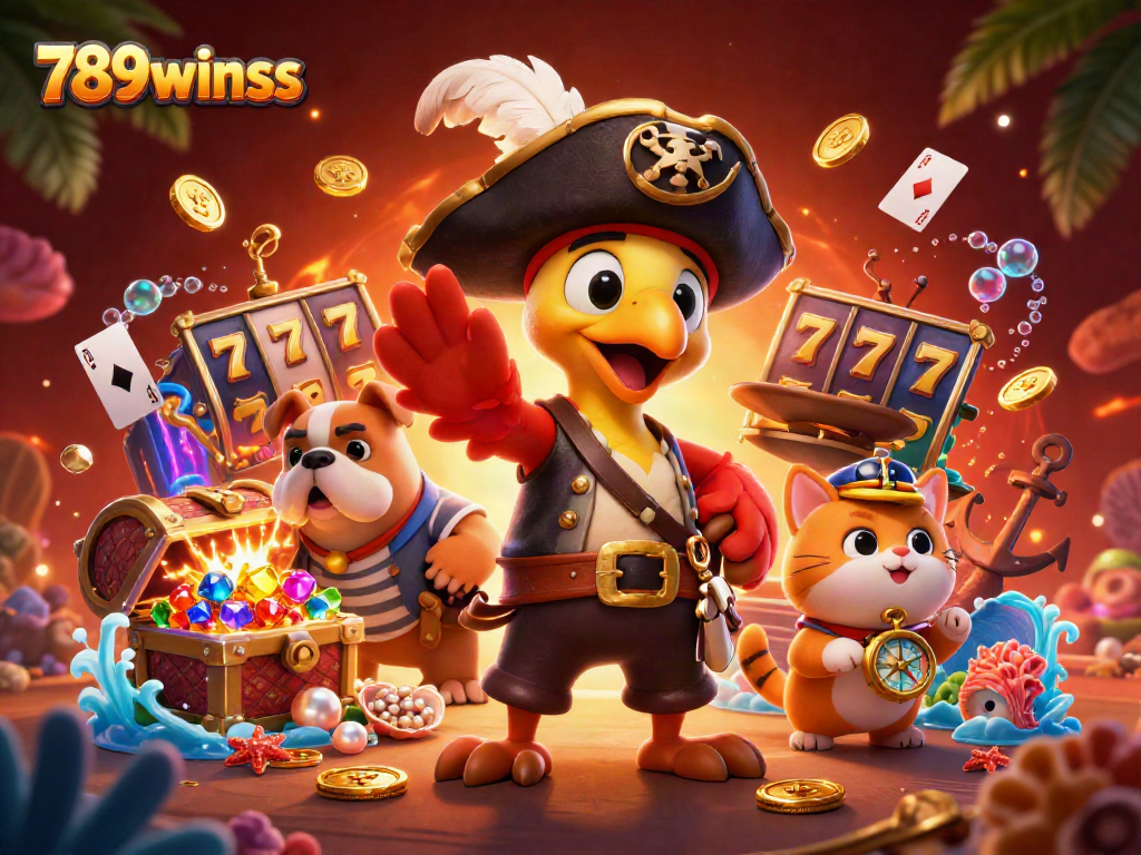 Engage with 789winss as a pirate captain leads a casino challenge with vibrant slot elements